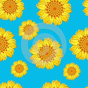 Seamless Pattern with sunflowers on blue pastel background