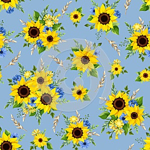 Seamless pattern with sunflowers and cornflowers on a blue background. Vector illustration