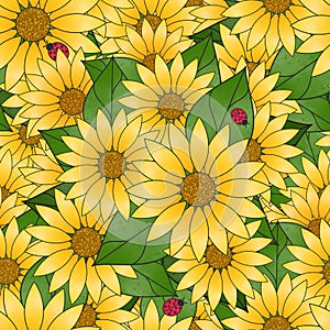 Seamless pattern of sunflowers with green leaves and red ladybugs