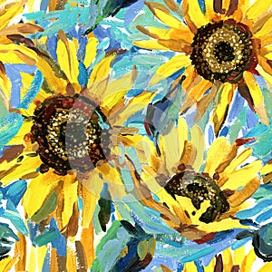 Seamless pattern with sunflowers. impressionism painting background.