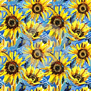 Seamless pattern with sunflowers. impressionism painting background.