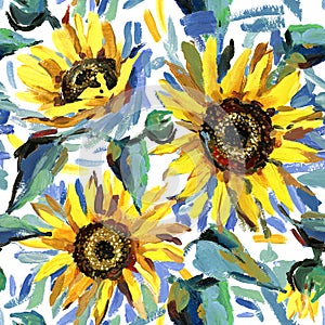 Seamless pattern with sunflowers. impressionism painting background.