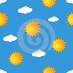 Seamless pattern with suns and clouds.