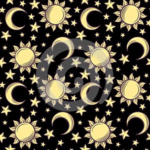 Seamless pattern with suns, moons and stars. Vector illustration.