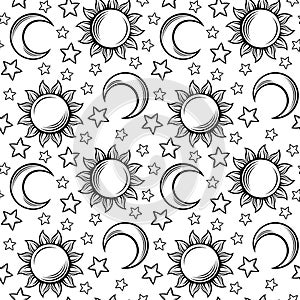 Seamless pattern with suns, moons and stars. Vector illustration.