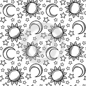 Seamless pattern with suns, moons and stars. Vector illustration. photo