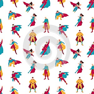 Seamless pattern with superheroes or men and women with super powers. Backdrop with supermen and superwomen on white