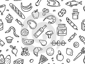 Seamless pattern supermarket grosery store food, drinks, vegetables, fruits, fish, meat, dairy, sweets