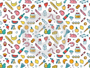 Seamless pattern supermarket grosery store food, drinks, vegetables, fruits, fish, meat, dairy, sweets