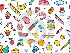 Seamless pattern supermarket grosery store food, drinks, vegetables, fruits, fish, meat, dairy, sweets