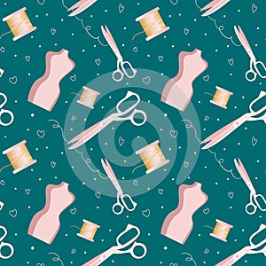 Seamless pattern of supplies and tools for sewing, on blue. Scissors, pins, threads, needles, measuring meter, fabric