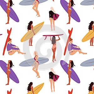 Seamless pattern with Surf girls minimalist vector illustration.