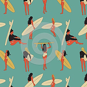 Seamless pattern with Surf girls minimalist vector illustration.