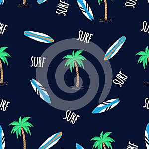 Seamless pattern of surfboards and palm trees