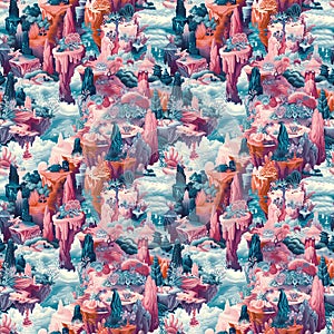 Seamless Pattern of Surreal Floating Islands with Dreamy Colors and Fantastical Creatures for Large Print Design photo