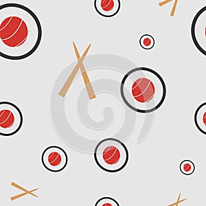 Seamless pattern with sushi and chopsticks holding.