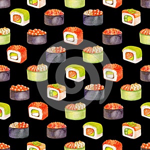 Seamless pattern with sushi drawn by watercolor on a black background. Pattern with different types of sushi.