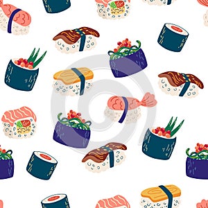 Seamless pattern with sushi and rolls. seafood illustration, philadelphia, maki and nigiri, yummi japanese food with salmon and photo