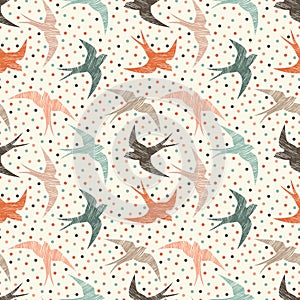 Seamless pattern with swallows and dots