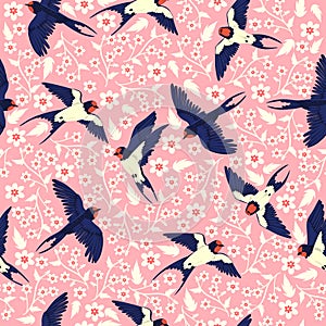 Seamless pattern with swallows and flowers. Vector graphics