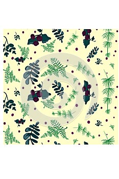 Seamless pattern with swamp theme cones leaves and fem