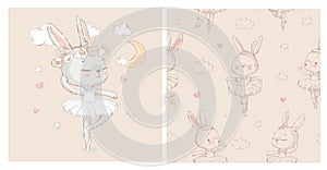 Seamless pattern with the sweet dancing cartoon ballerina bunny. Hand drawn vector illustration. Can be used for baby t