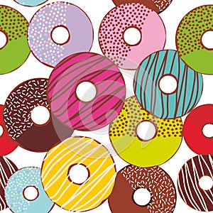 Seamless pattern Sweet donuts set with icing and sprinkls isolated, pastel colors on white background. Vector