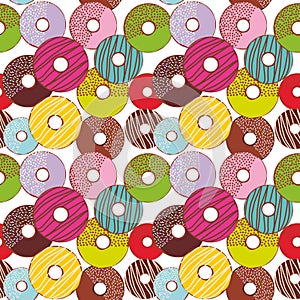 Seamless pattern Sweet donuts set with icing and sprinkls isolated, pastel colors on white background. Vector