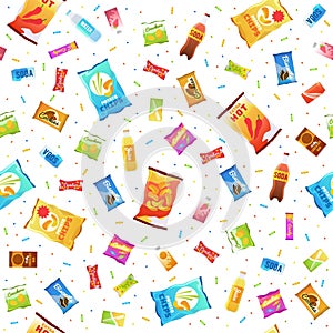 Seamless pattern with sweet drinks and candy. Soda water, chips in packet and cracker. Vending machine background. Decor