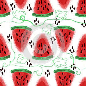 Seamless pattern of sweet juicy pieces watermelon watercolor wit