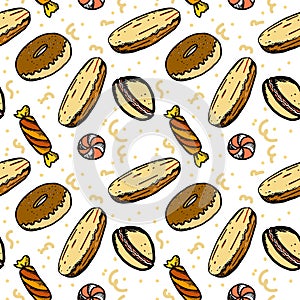 A seamless pattern of sweet pastries, hand-drawn cartoon style doodles. Sweets made of donuts, candy, eclairs and