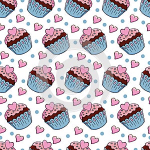 Seamless pattern with sweet pastries. Vector illustration. Cute muffins, cupcakes. Background with hearts. Texture