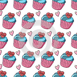 Seamless pattern with sweet pastries. Vector illustration. Cute muffins, cupcakes. Background with hearts. Texture