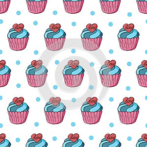Seamless pattern with sweet pastries. Vector illustration. Cute muffins with hearts, cupcakes. Polka dot