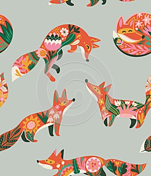 Seamless pattern with sweet red foxes and flowers in folk style