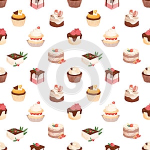 Seamless pattern with sweet sugar desserts, pieces of creamy cakes and cupcakes decorated with strawberries and toppings