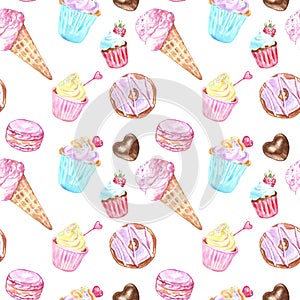 Seamless pattern with sweets dessert - ice cream in a cone, cupcakes, donuts, macarons in pastel colors.