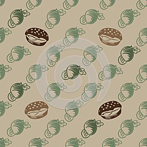 Seamless pattern with sweets and desserts on beige background