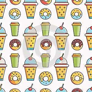 Seamless pattern of sweets donuts and drinks