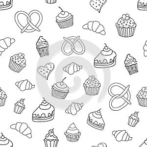 Seamless pattern with sweets, pies, cupcakes, ice cream, bakery products. Vector illustration