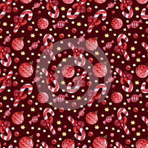Seamless pattern with sweets and red berries on a red background with gifts,christmas toys.
