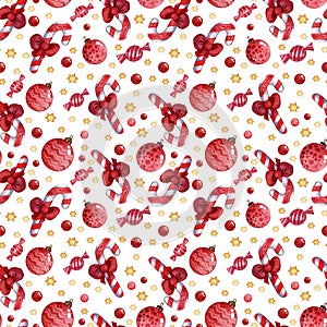 Seamless pattern with sweets and red berries on a white background with gifts,christmas toys