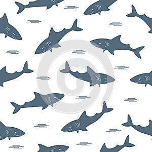 Seamless pattern with swimming sharks. Vector illustration.