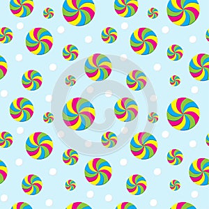 Seamless pattern with swirl candies shape element on light blue color background. Colorful vector illustration. Design template.