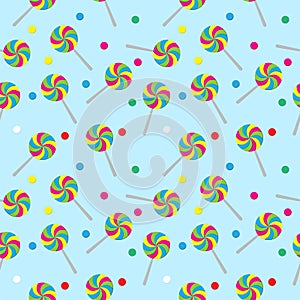 Seamless pattern with swirl lollipop and candy ball shape element on light blue color background. Colorful vector illustration for