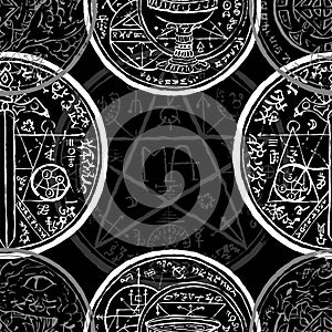 Seamless pattern with sword, pentagram and mystic symbols on black.