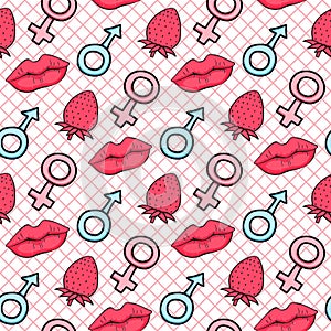 Seamless pattern symbol male and female. Comic style. Kiss lips and strawberry. Vector hand drawn surface design on cell pink