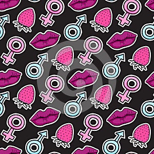 Seamless pattern symbol male and female stiker. Comic style. Kiss lips and strawberry. Vector hand drawn surface design on black