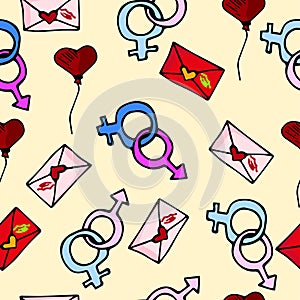 Seamless pattern symbol male and female stiker. Comic style. Kiss lips and strawberry. Vector hand drawn