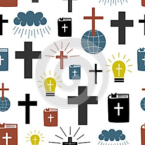 Seamless pattern with symbols Cross on globe, Bible, glowing light bulb